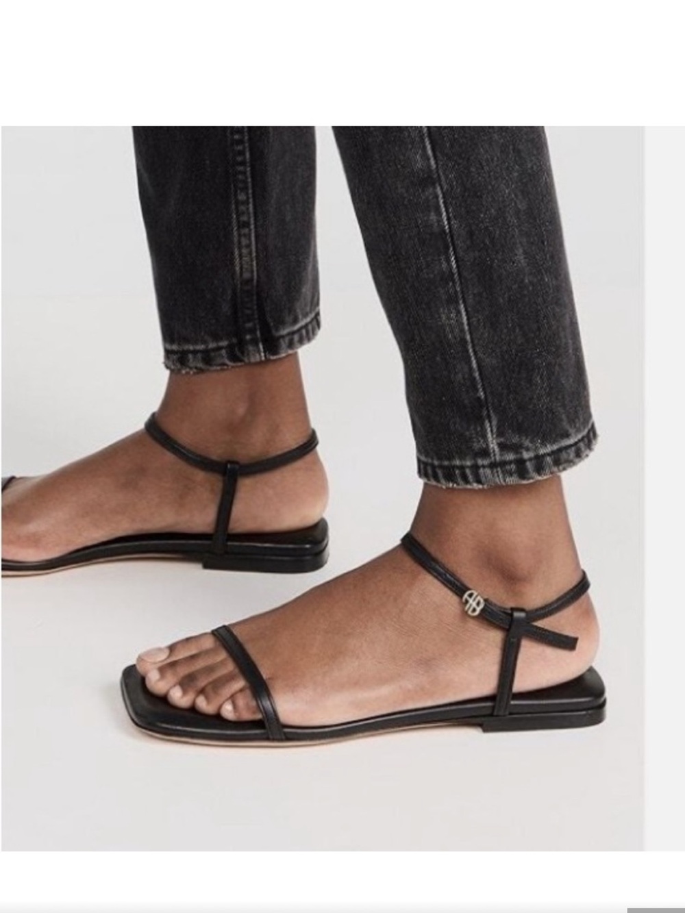💄Anine Bing Invisible Flat Sandals Square Toe Black Leather Gold Logo Size 40